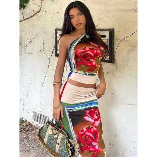 Artsy retro style flower print colorful two-piece summer diagonal collar single sleeve off-shoulder Artsy retro style flower print colorful two-piece summer diagonal collar single sleeve off-shoulder