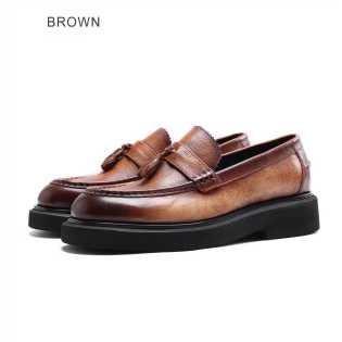 British style thick sole loafers men's autumn slip-on fringe casual leather shoes leather round head