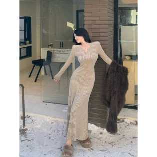 French advanced sense semi-open collar long-sleeved dress female autumn God Fanny pack hip skirt French advanced sense semi-open collar long-sleeved dress female autumn God Fanny pack hip skirt