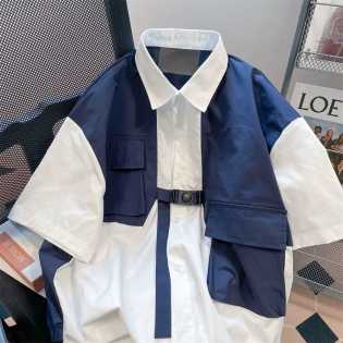 niche color patchwork fake two cargo shirts for men and women summer leisure port wind ruffie handso niche color patchwork fake two cargo shirts for men and women summer leisure port wind ruffie handso