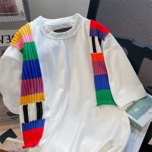 American casual color spliced short sleeve T-shirt men and women's summer retro design sense of nich
