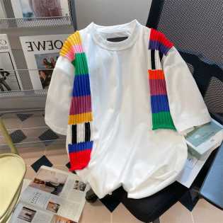 American casual color spliced short sleeve T-shirt men and women's summer retro design sense of nich
