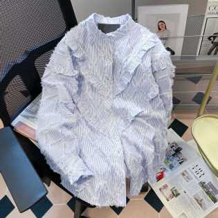 ruffled fringe striped long-sleeved shirt for men and women in spring and autumn small high-grade te ruffled fringe striped long-sleeved shirt for men and women in spring and autumn small high-grade te