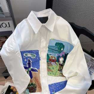 graffiti oil painting flowers white shirt coat men and women autumn loose chic small port wind long-
