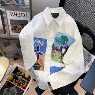 graffiti oil painting flowers white shirt coat men and women autumn loose chic small port wind long-
