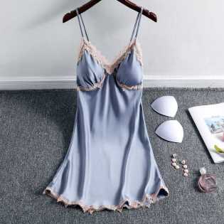Sexy women summer thin with chest pad ice seductive silk pajamas