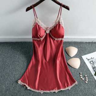 Sexy women summer thin with chest pad ice seductive silk pajamas