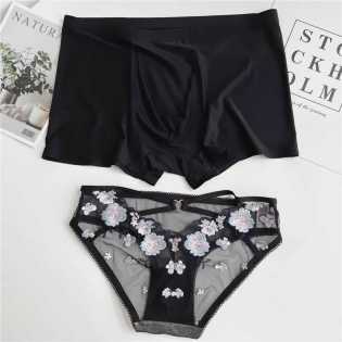 Seamless couple Ice silk sex pure cotton lace passion ultra thin underwear set