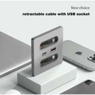 12w Universal Wall Panel Socket With Usb-A Usb-C Retractable Charging Cable