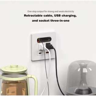 12w Universal Wall Panel Socket With Usb-A Usb-C Retractable Charging Cable