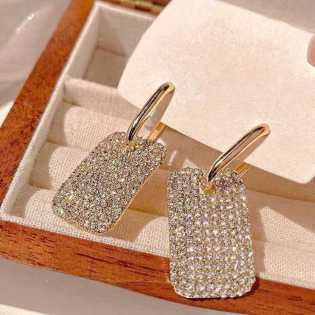 New light luxury full diamond flash geometric square earrings