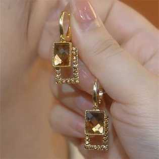 French high-end champagne crystal geometric square super flash earrings