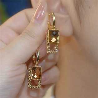 French high-end champagne crystal geometric square super flash earrings