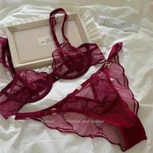 Niche retro mesh wine red flower embroidery underwear