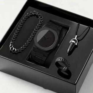 Luxury 4in1 All-Black analog Quartz Watch Set for Men