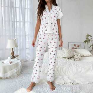 new autumn and winter sexy V-neck lace cherry print women's pajamas