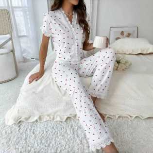 new autumn and winter sexy V-neck lace cherry print women's pajamas