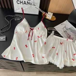 cherry print flower suspender pajamas set two-piece set with breast pad