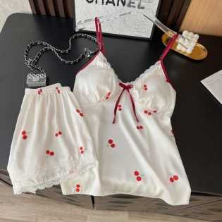 cherry print flower suspender pajamas set two-piece set with breast pad