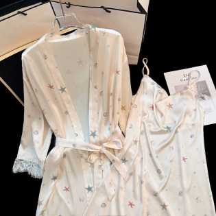 2 piece sea star pattern satin suspender night dress