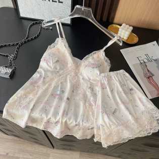sweet girl flower lace suspender pajamas