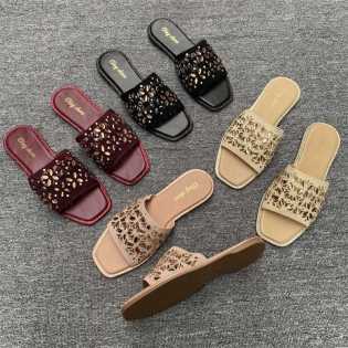 Ladies Rhinestone Decor Flat Slippers