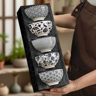 Vintage ceramic Japanese 4.5-inch family rice bowl set of 5