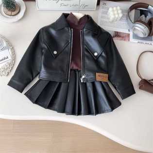 Children's Leather Jacket Pleated Skirt Two-piece Set