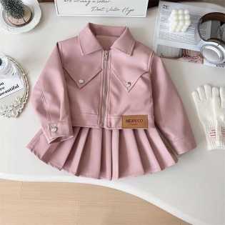 Children's Leather Jacket Pleated Skirt Two-piece Set