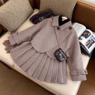Girls' spring new tweed suit pleated skirt two-piece set