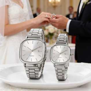new couple commuter quartz watch neutral simple rectangular dial metal strap watch band date
