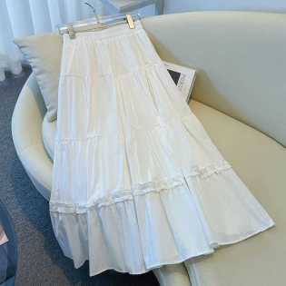 Summer new French wooden white stitching cake skirt
