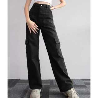 women's casual mid-waist three-dimensional pockets trouser