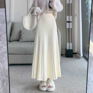 Knitted pleated elastic high waist slim skirt
