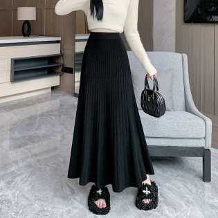 Knitted pleated elastic high waist slim skirt