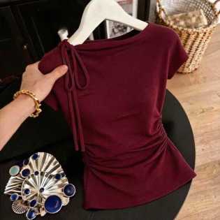 women's slim pleated waist short light luxury style top