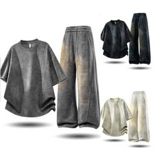 men's two-piece tie-dye stitching round-neck short-sleeved top straight trousers