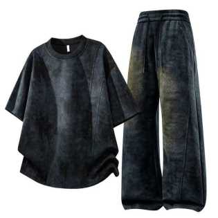 men's two-piece tie-dye stitching round-neck short-sleeved top straight trousers