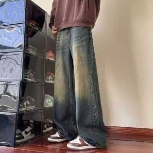 new men's vintage washed wide-leg straight jeans