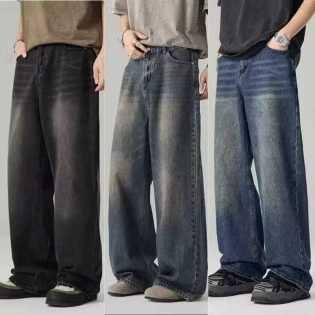 new men's vintage washed wide-leg straight jeans