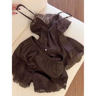 Summer French retro high-end brown lace pajamas