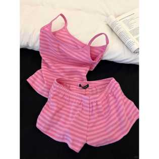Pink and white striped suspender pajamas set