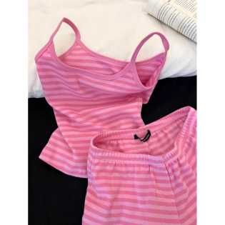 Pink and white striped suspender pajamas set