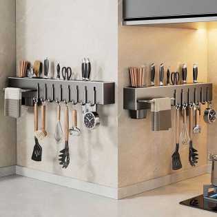 Wall Mounted Kitchen Knife Storage Rack With Pot Lid Holder And Cutting Board Organizer