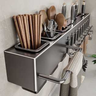 Wall Mounted Kitchen Knife Storage Rack With Pot Lid Holder And Cutting Board Organizer