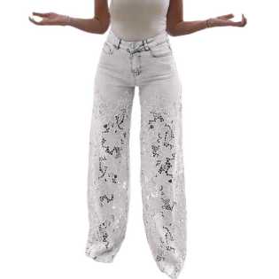 Women’s High Waist Floral Lace Patchwork Wide Leg Jeans