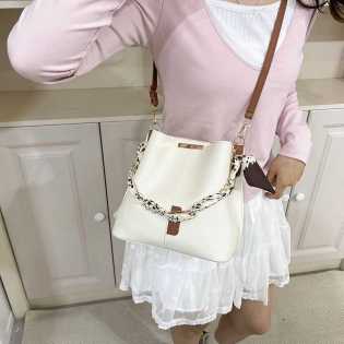 Women’s PU Leather Crossbody Bucket Handbag with Silk Scarf Chain Handle
