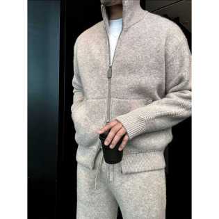 Autumn and winter new double zipper stand-up collar casual thick knitted jacket men's high-end fashi