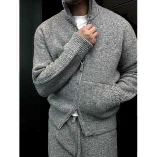 Autumn and winter new double zipper stand-up collar casual thick knitted jacket men's high-end fashi