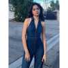 gusty summer new lapel micro crack long trousers Spice Girl backless zipper denim I-line jumpsuit